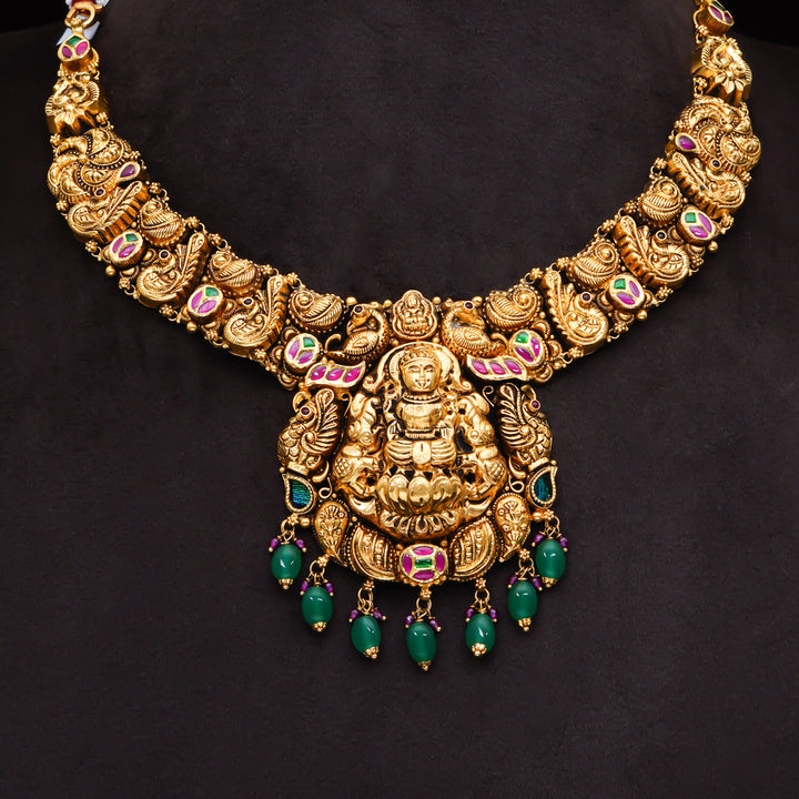 22KT Antique Temple Lakshmi Necklace with Peacock Motifs