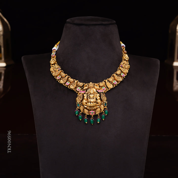 22KT Antique Temple Lakshmi Necklace with Peacock Motifs