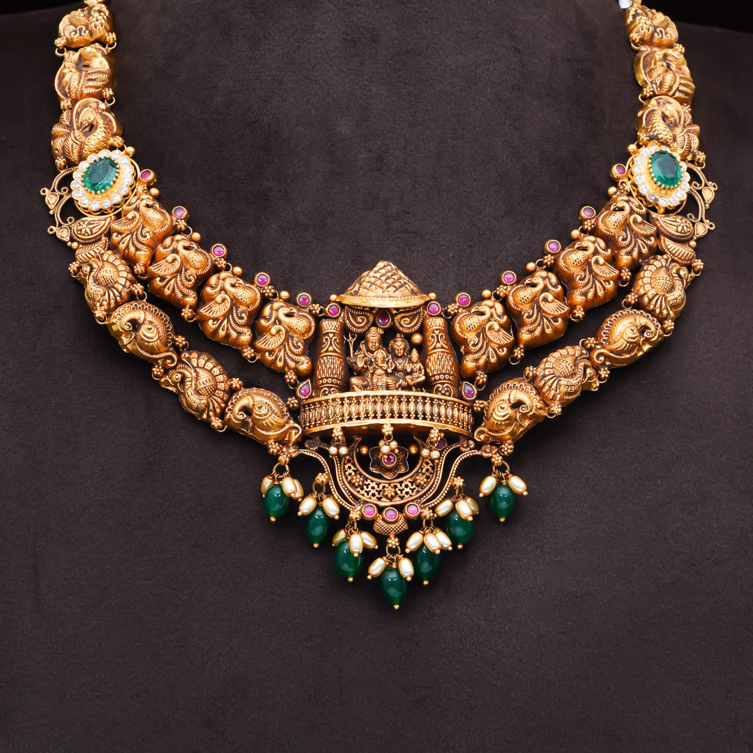 22KT Antique Temple Lakshmi Necklace with Elephant Motifs