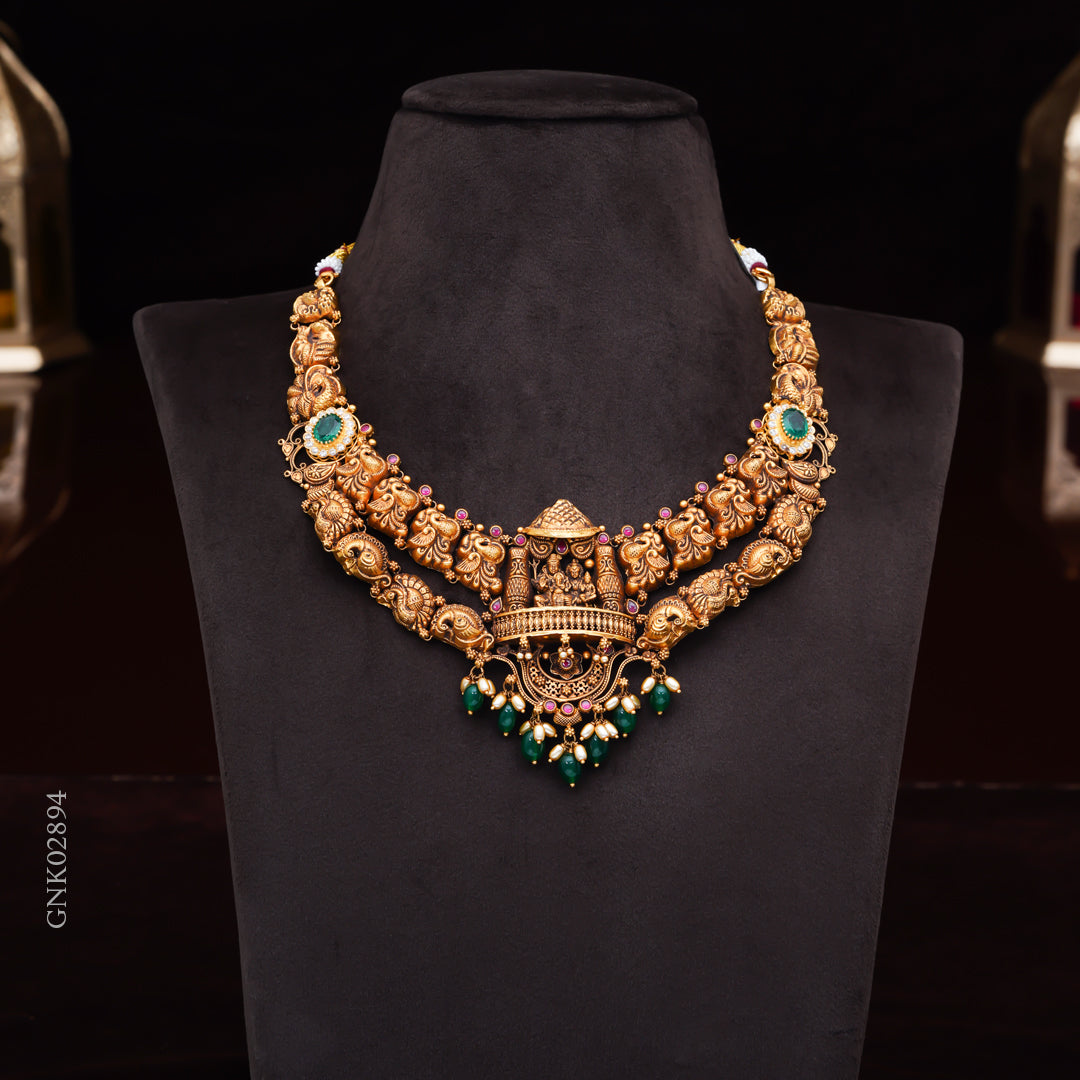 22KT Antique Temple Lakshmi Necklace with Elephant Motifs