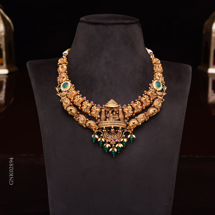 22KT Antique Temple Lakshmi Necklace with Elephant Motifs