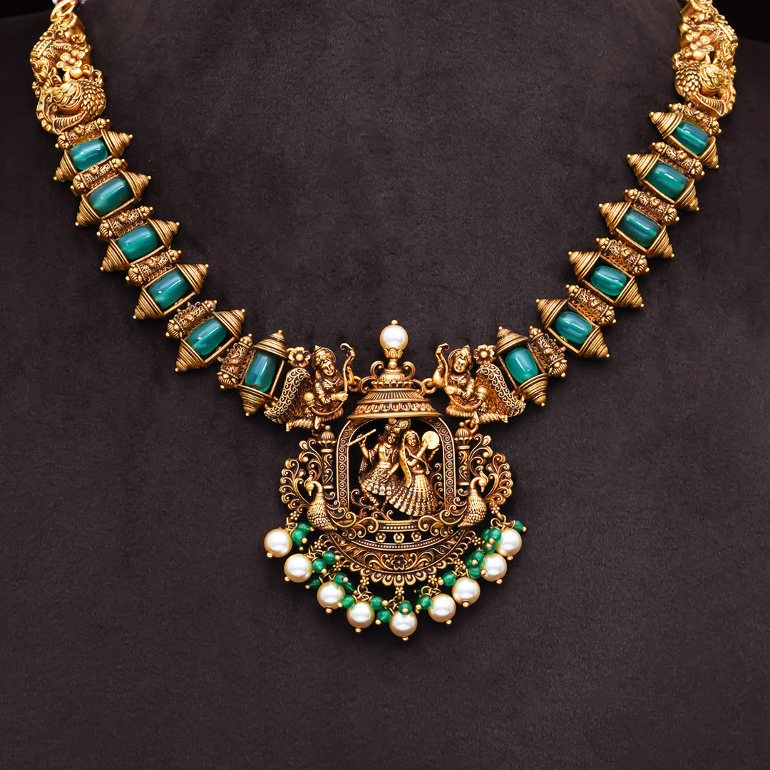 22KT Antique Temple Necklace with Emerald Beads & Lakshmi Pendant