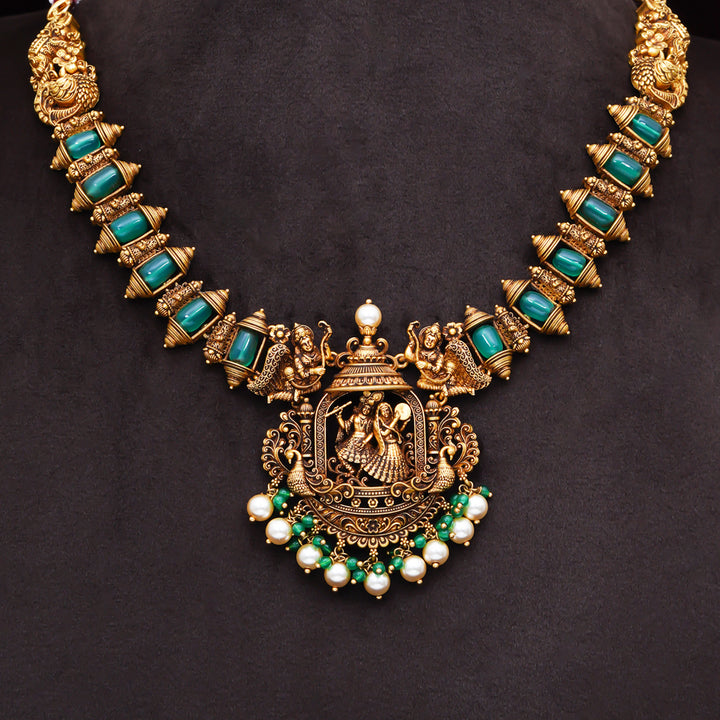 22KT Antique Temple Necklace with Emerald Beads & Lakshmi Pendant