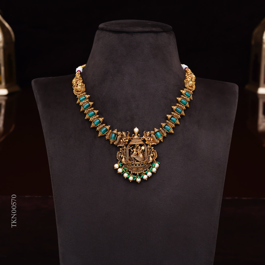 22KT Antique Temple Necklace with Emerald Beads & Lakshmi Pendant