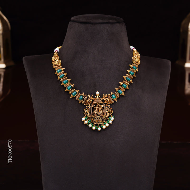 22KT Antique Temple Necklace with Emerald Beads & Lakshmi Pendant