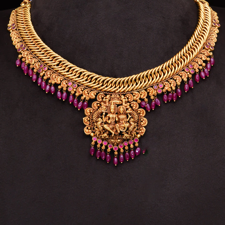 22KT Antique Lakshmi Pendant Necklace with Ruby Beads