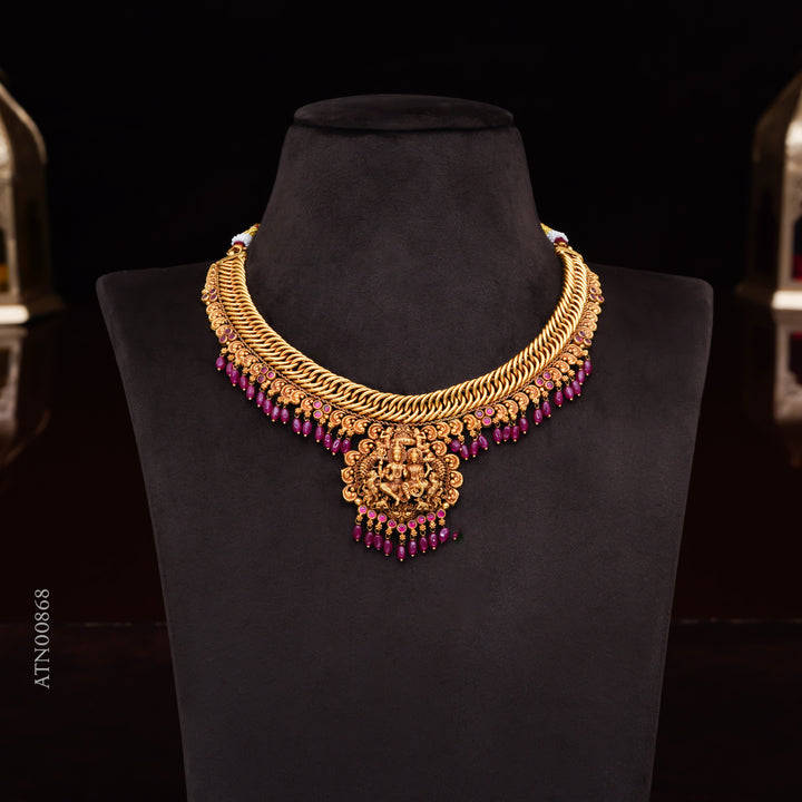 22KT Antique Lakshmi Pendant Necklace with Ruby Beads