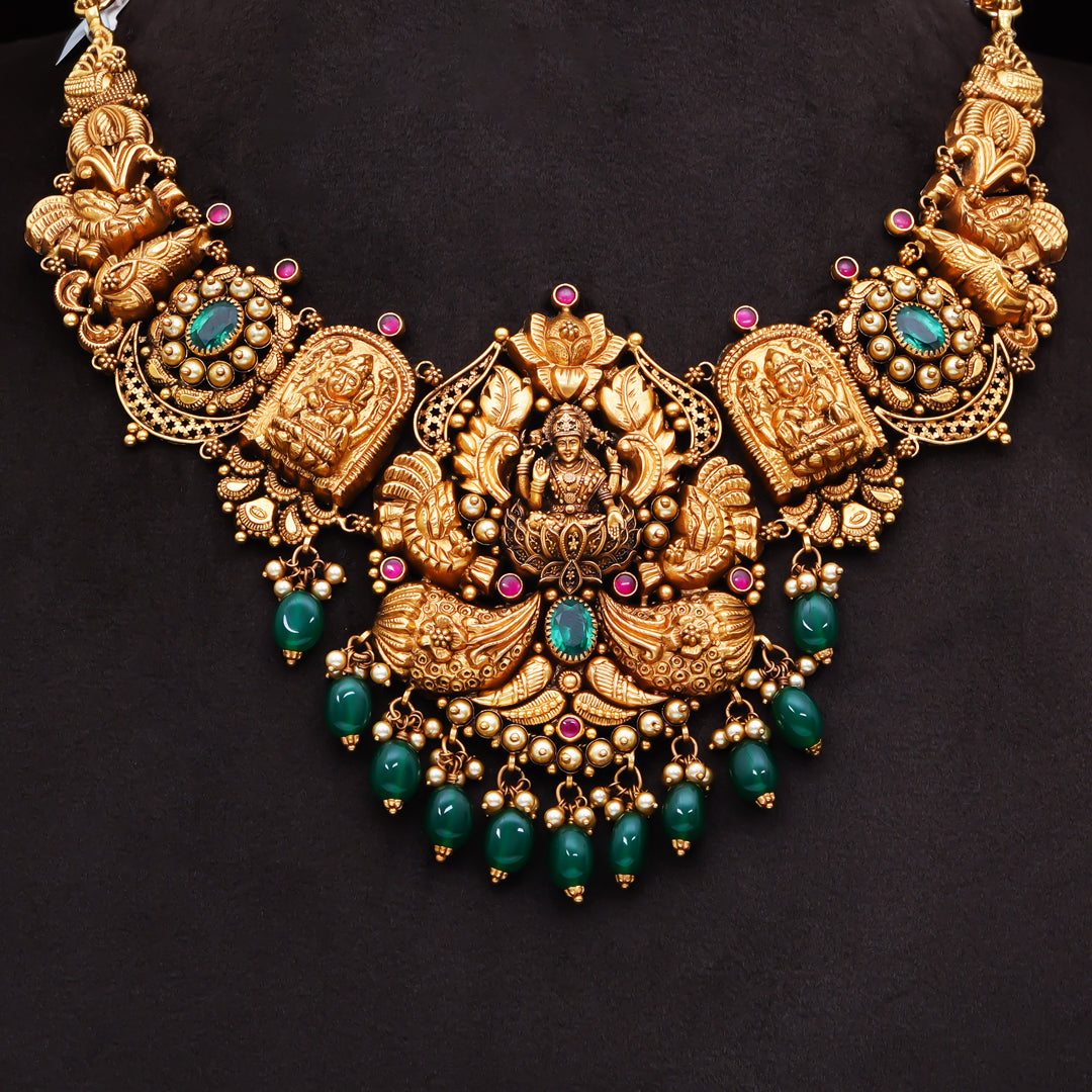 22KT Antique Lakshmi Temple Necklace with Green Beads