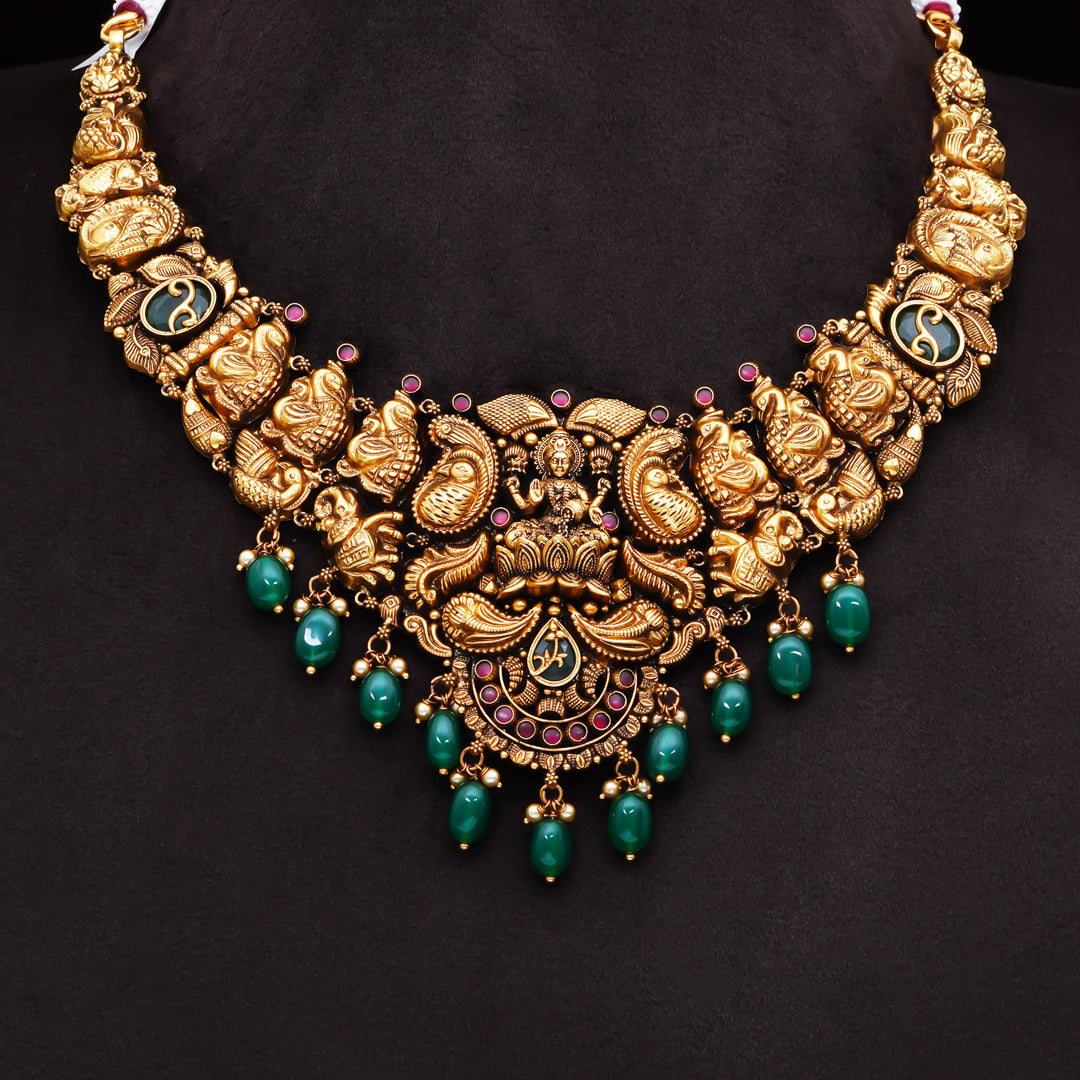 22KT Antique Lakshmi Temple Necklace with Green Bead Drops