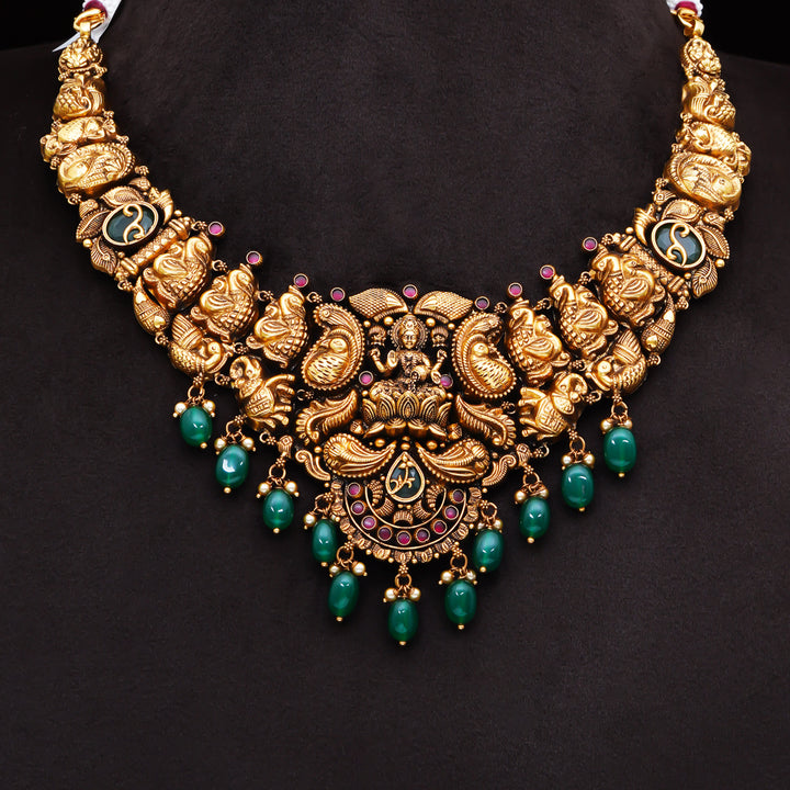 22KT Antique Lakshmi Temple Necklace with Green Bead Drops
