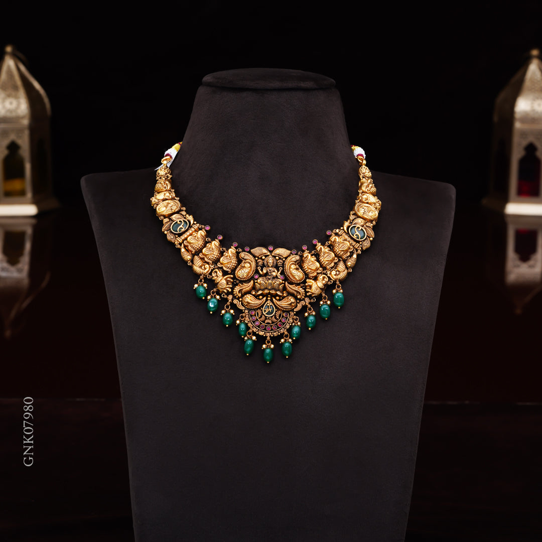 22KT Antique Lakshmi Temple Necklace with Green Bead Drops