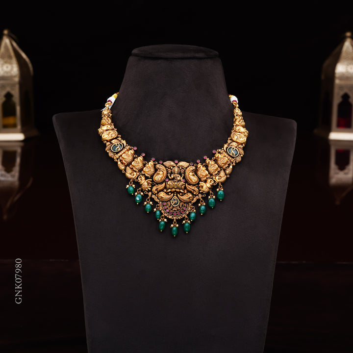 22KT Antique Lakshmi Temple Necklace with Green Bead Drops