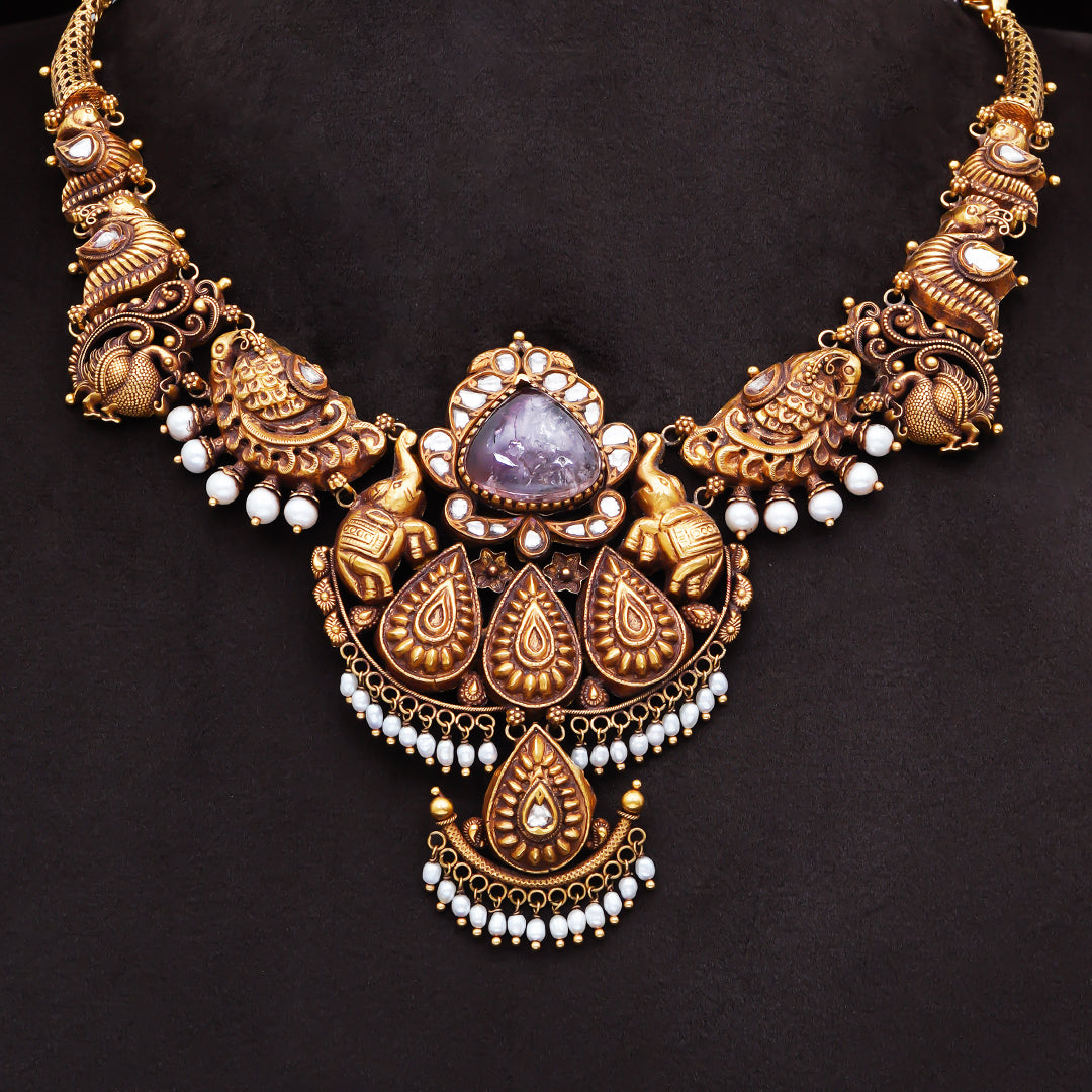 22KT Antique Temple Necklace with Kundan Pendant & Pearl Drops