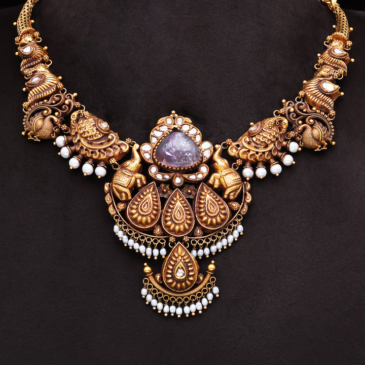 22KT Antique Temple Necklace with Kundan Pendant & Pearl Drops