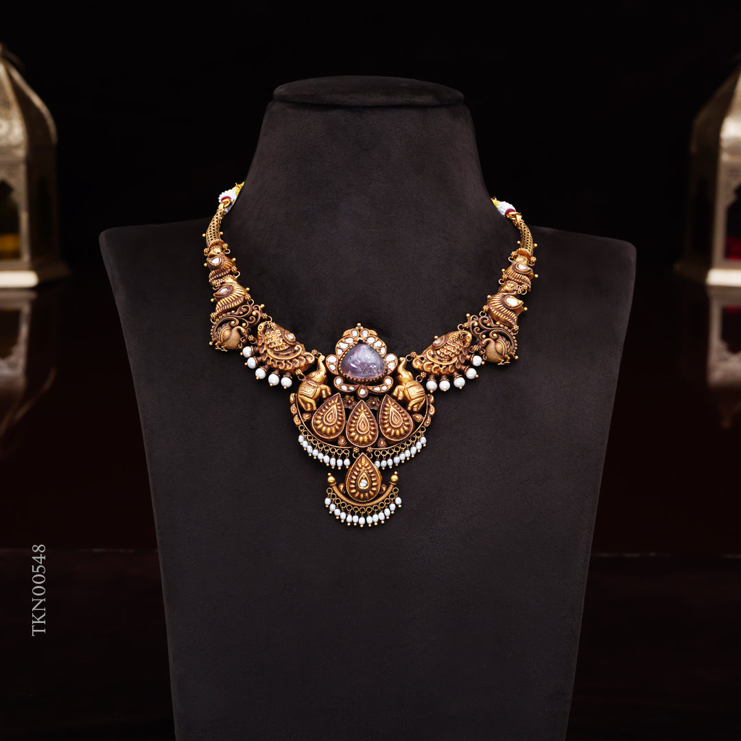 22KT Antique Temple Necklace with Kundan Pendant & Pearl Drops