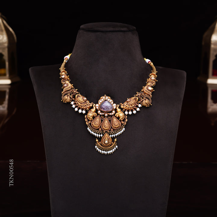 22KT Antique Temple Necklace with Kundan Pendant & Pearl Drops