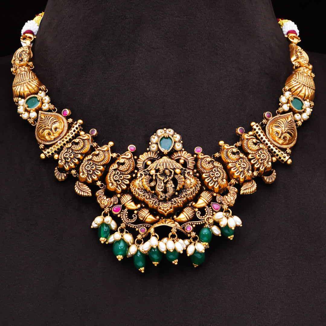 22KT Antique Lakshmi Temple Necklace with Green Beads & Pearls
