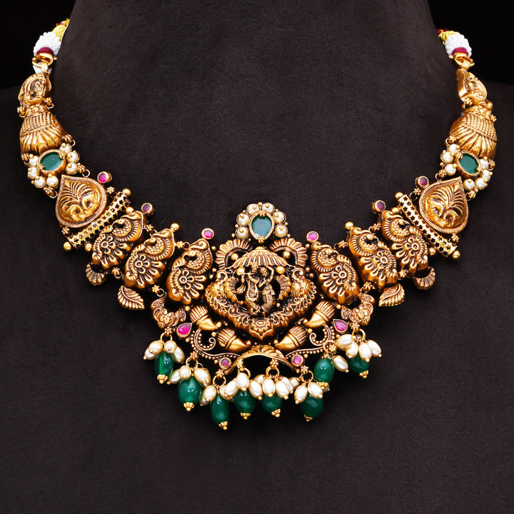 22KT Antique Lakshmi Temple Necklace with Green Beads & Pearls