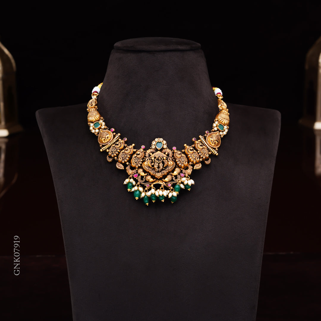 22KT Antique Lakshmi Temple Necklace with Green Beads & Pearls