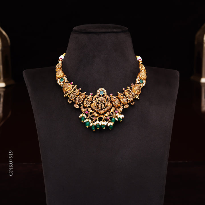 22KT Antique Lakshmi Temple Necklace with Green Beads & Pearls