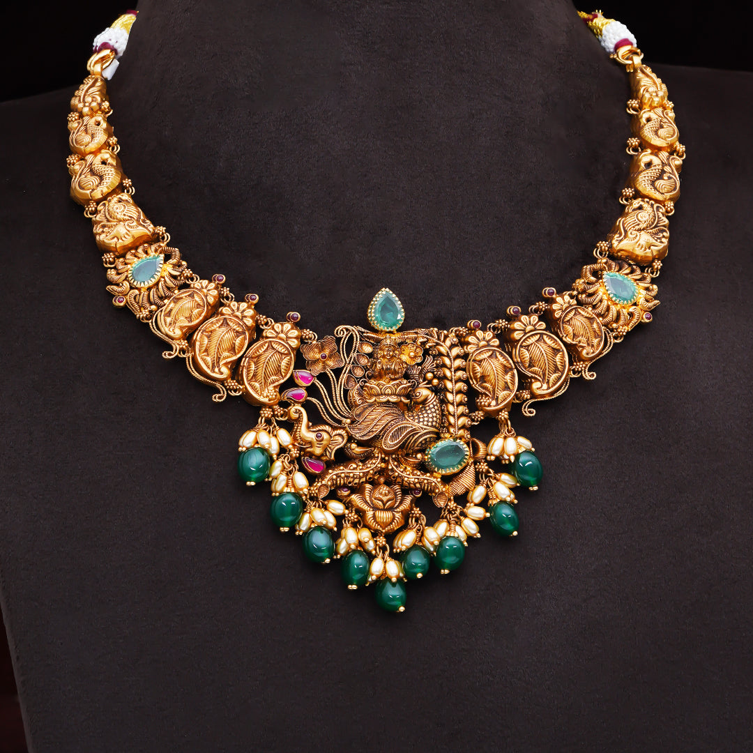 22KT Antique Peacock Temple Necklace with Green Beads