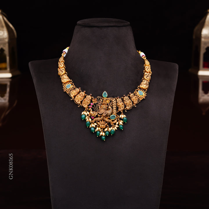 22KT Antique Peacock Temple Necklace with Green Beads