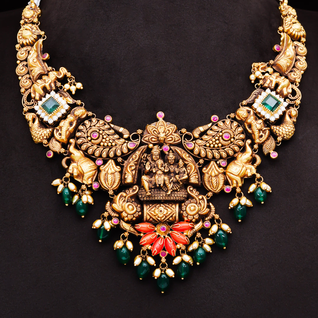 22KT Antique Lakshmi Temple Necklace with Green Beads & Ruby Accents