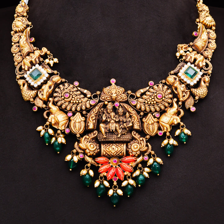 22KT Antique Lakshmi Temple Necklace with Green Beads & Ruby Accents