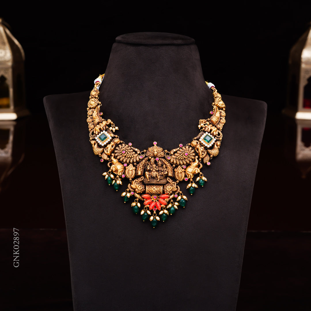 22KT Antique Lakshmi Temple Necklace with Green Beads & Ruby Accents