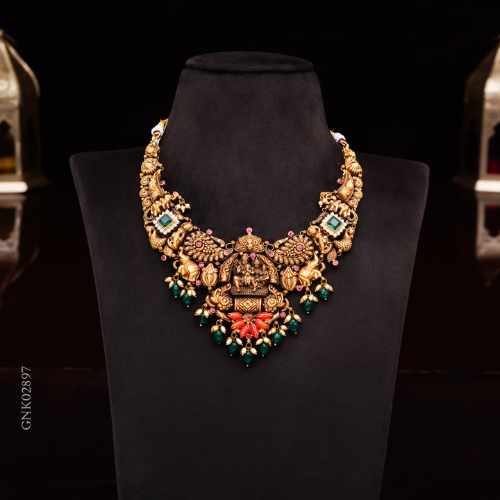 22KT Antique Lakshmi Temple Necklace with Green Beads & Ruby Accents