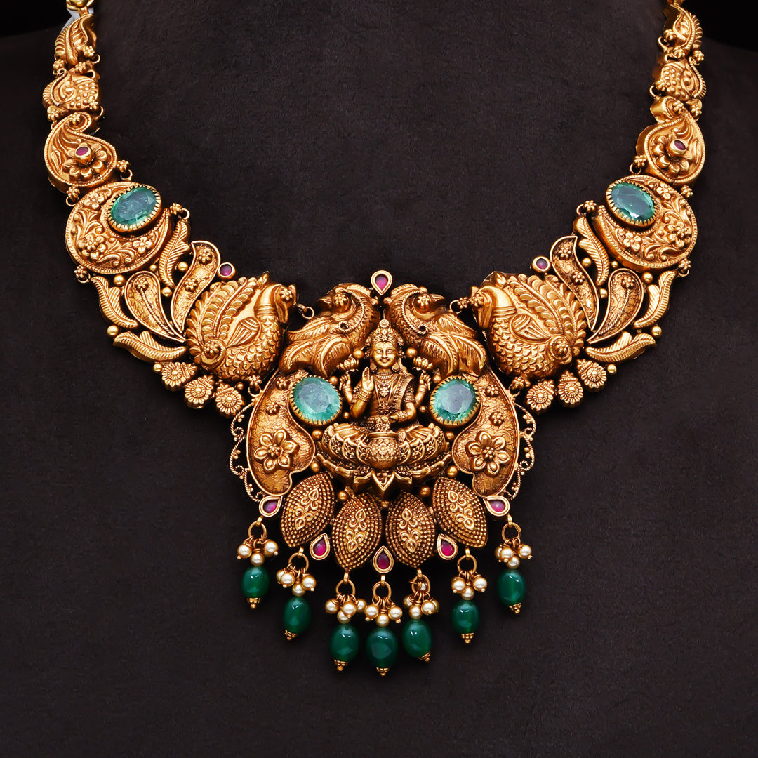 22KT Antique Lakshmi Temple Necklace with Green Stones & Beads