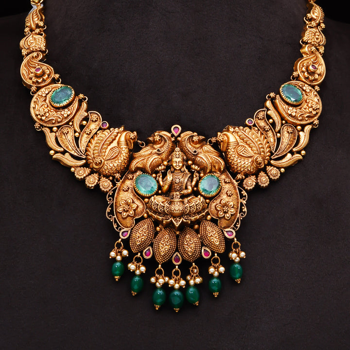 22KT Antique Lakshmi Temple Necklace with Green Stones & Beads