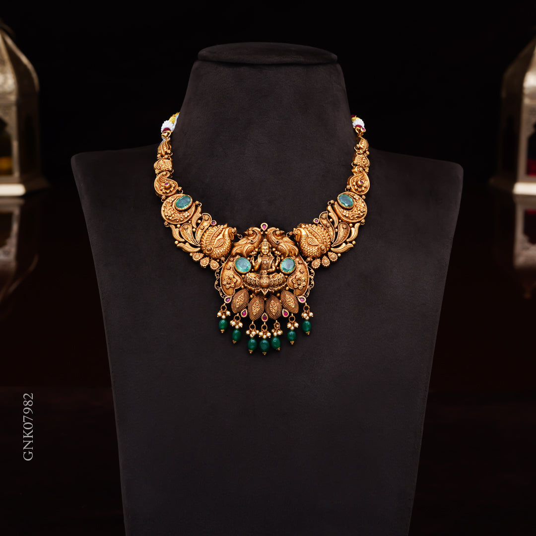 22KT Antique Lakshmi Temple Necklace with Green Stones & Beads