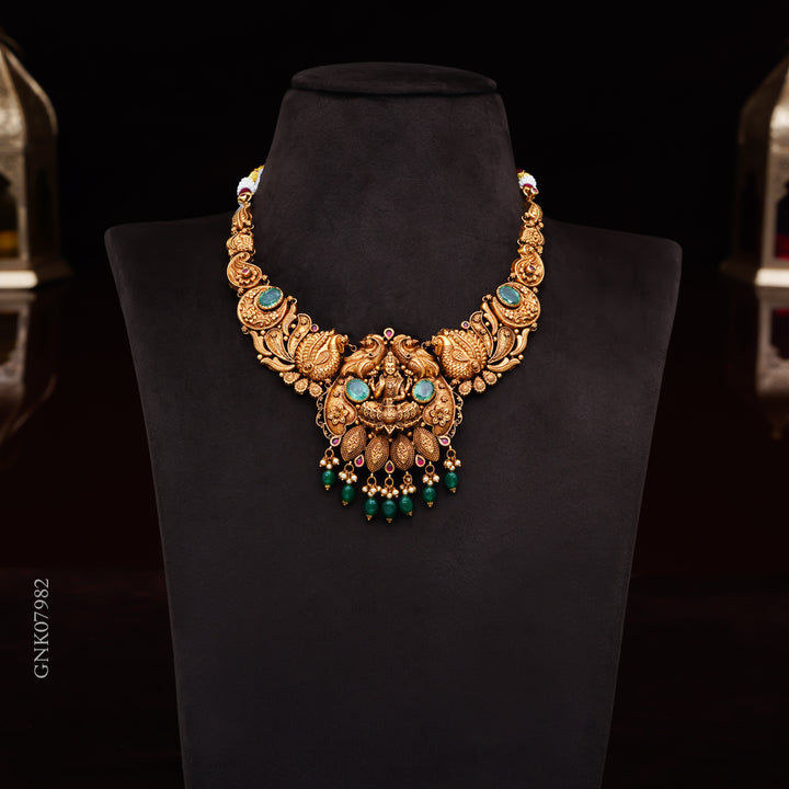 22KT Antique Lakshmi Temple Necklace with Green Stones & Beads