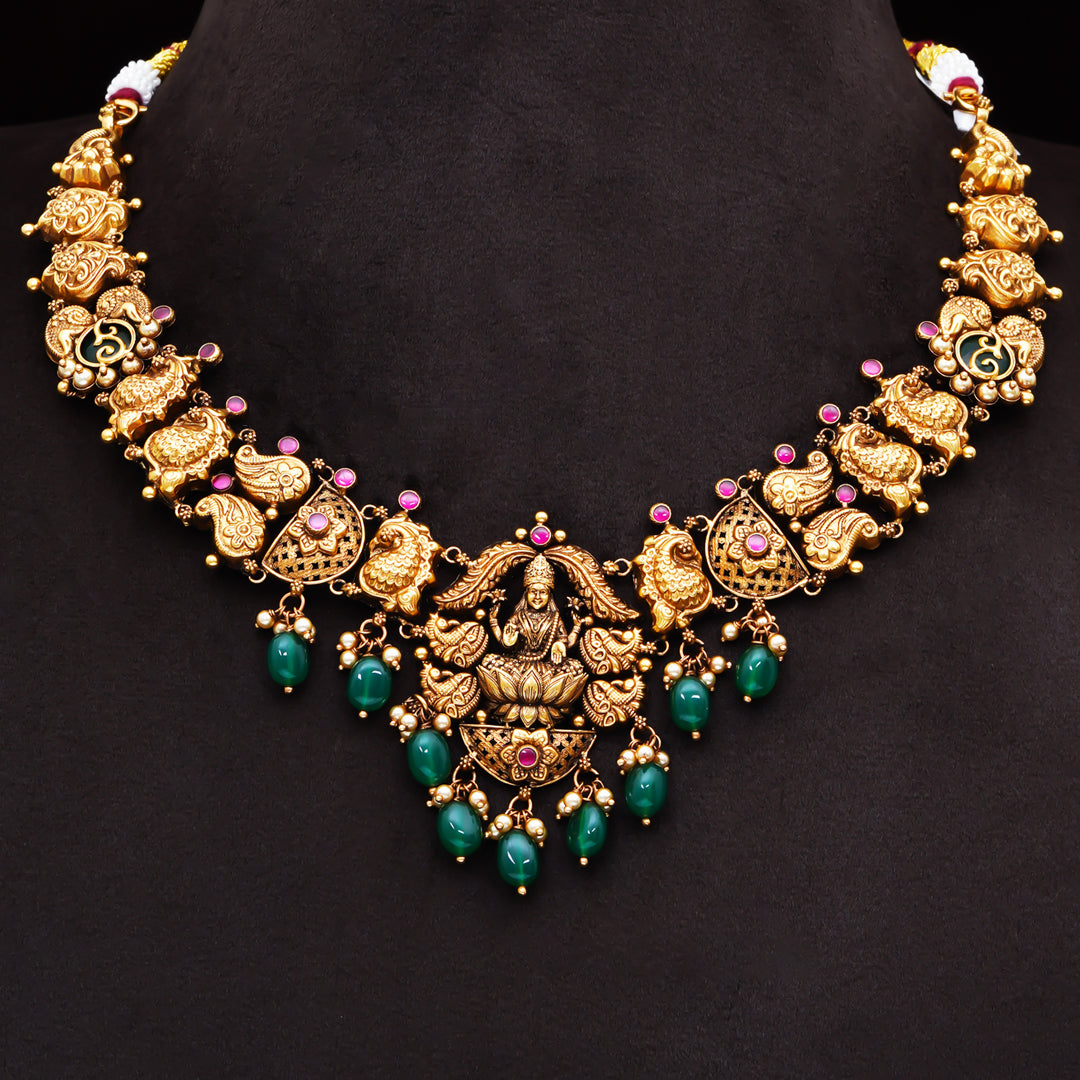 22KT Antique Lakshmi Temple Necklace with Green Bead Drops
