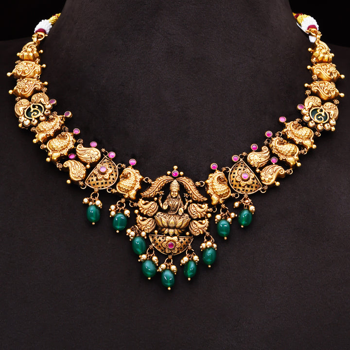 22KT Antique Lakshmi Temple Necklace with Green Bead Drops