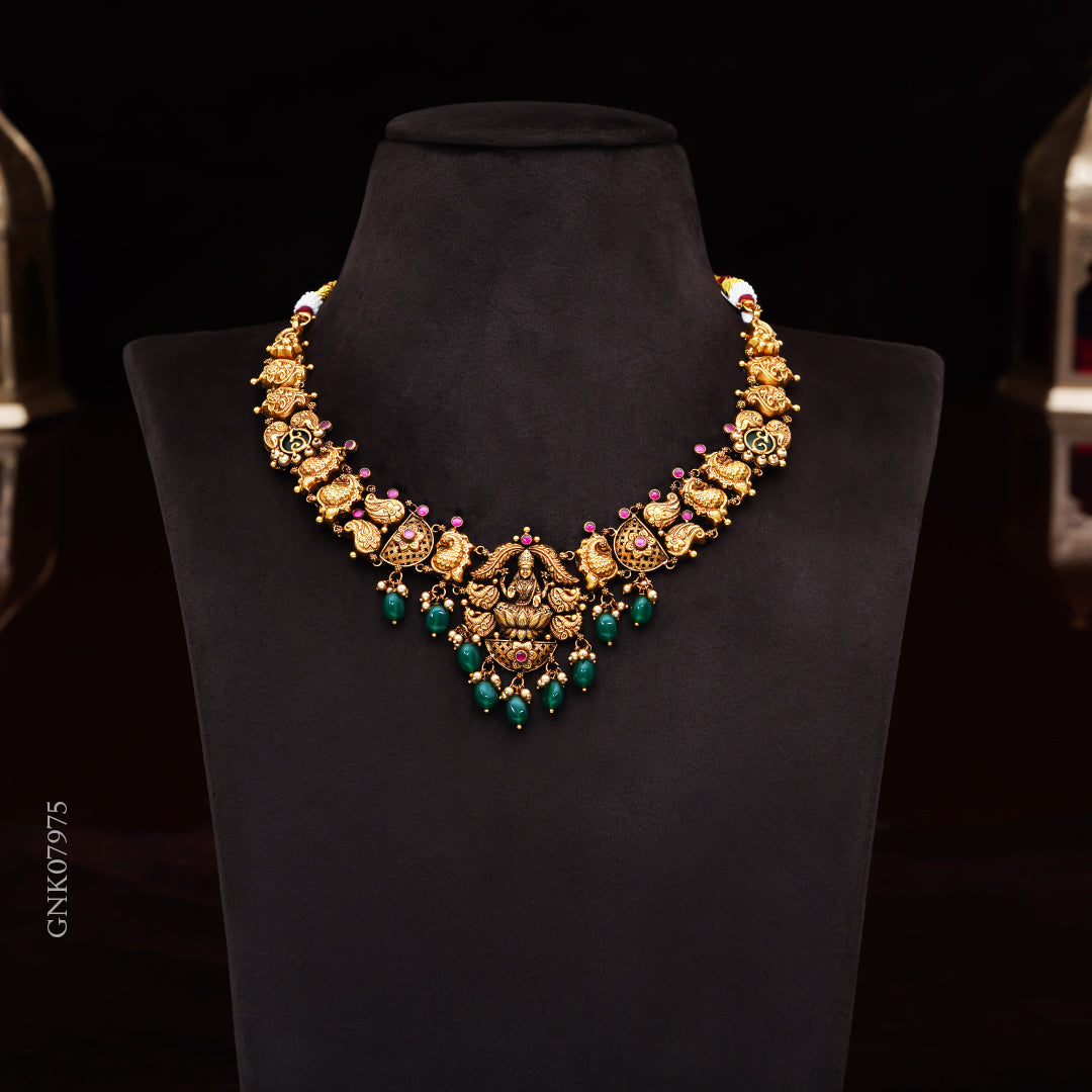 22KT Antique Lakshmi Temple Necklace with Green Bead Drops