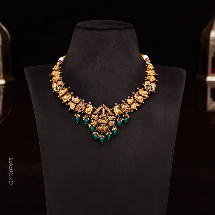 22KT Antique Lakshmi Temple Necklace with Green Bead Drops