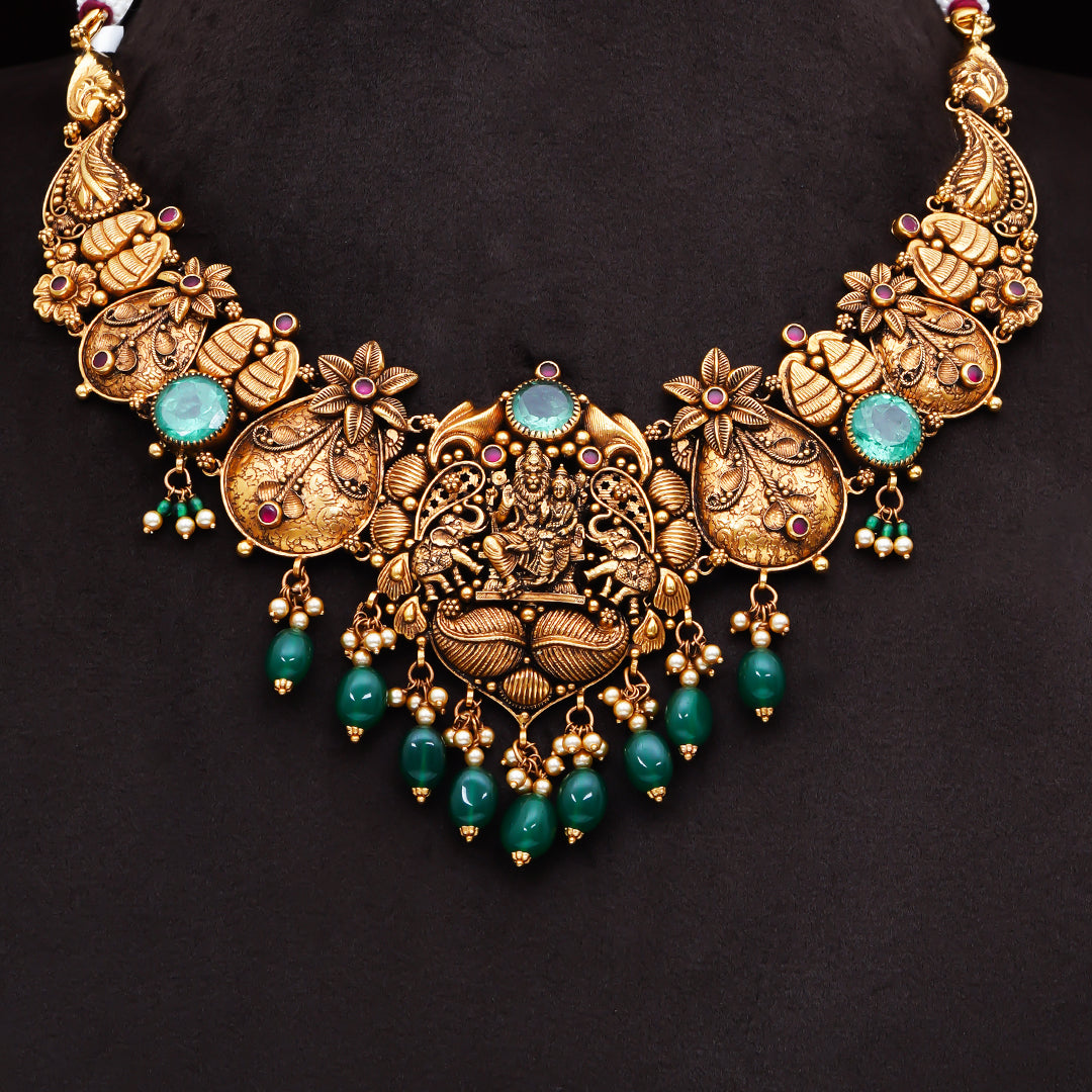 22KT Antique Lakshmi Floral Temple Necklace with Green Beads