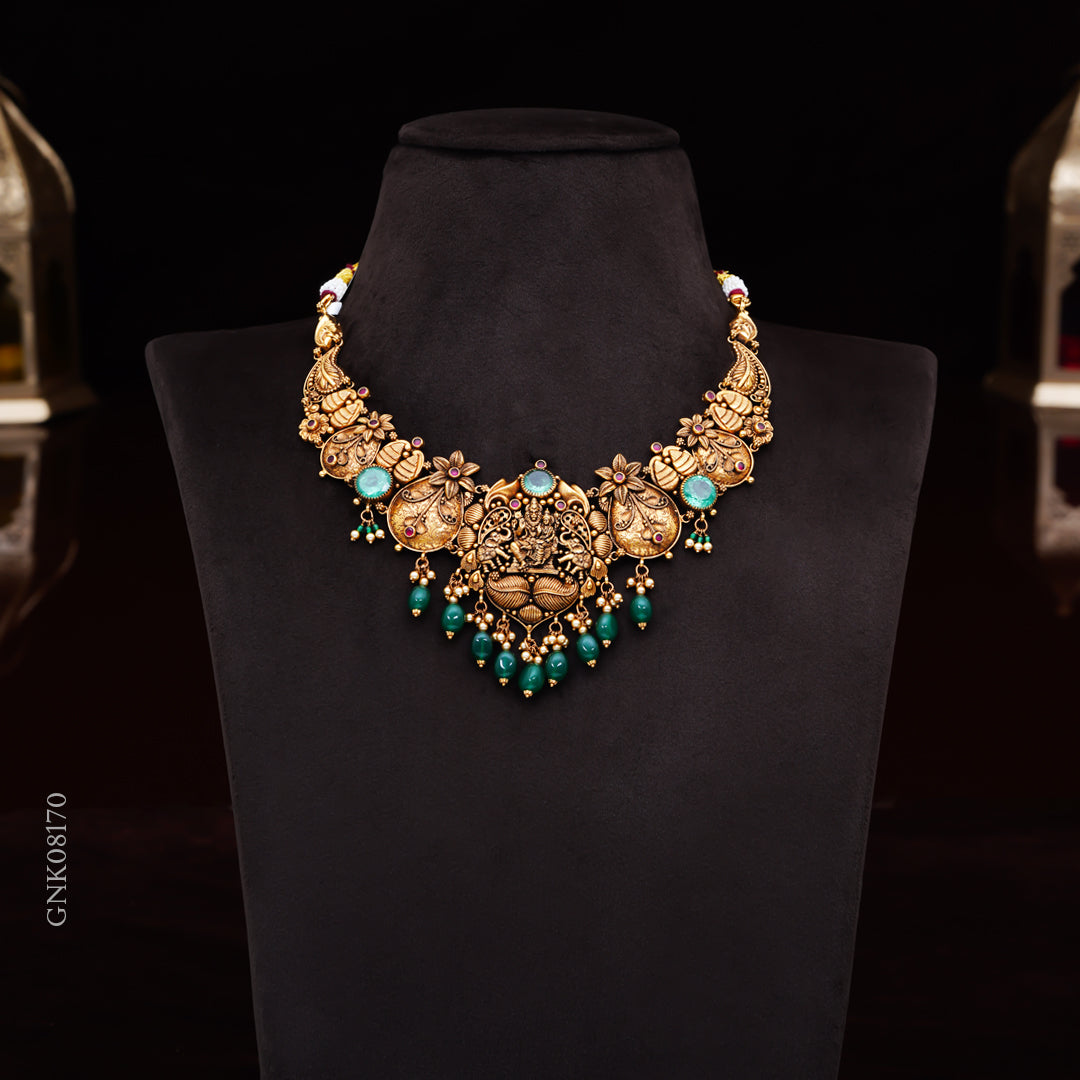 22KT Antique Lakshmi Floral Temple Necklace with Green Beads