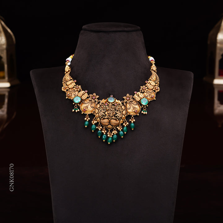 22KT Antique Lakshmi Floral Temple Necklace with Green Beads