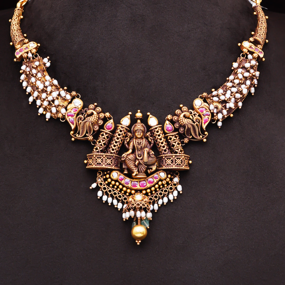 22KT Antique Lakshmi Temple Necklace with Pearl Cluster Design
