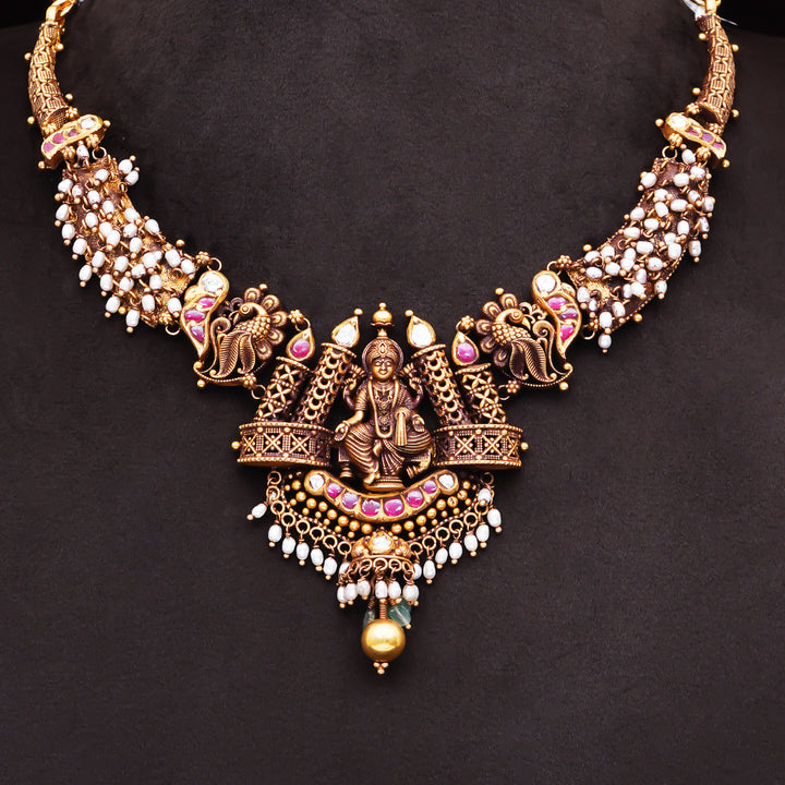22KT Antique Lakshmi Temple Necklace with Pearl Cluster Design