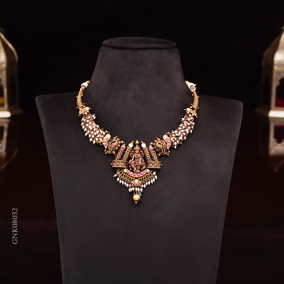 22KT Antique Lakshmi Temple Necklace with Pearl Cluster Design