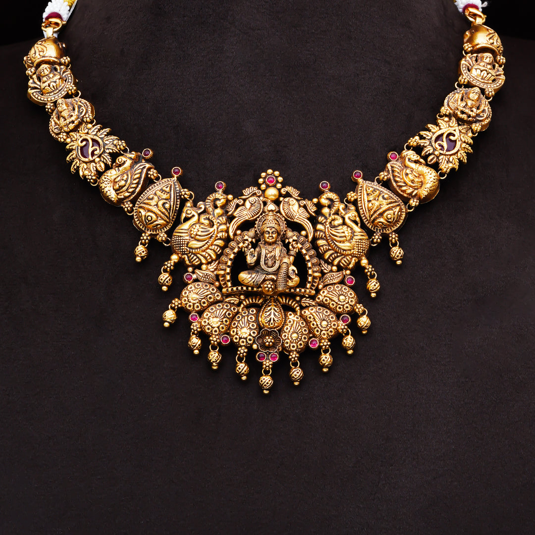 22KT Antique Lakshmi Temple Necklace with Traditional Motifs