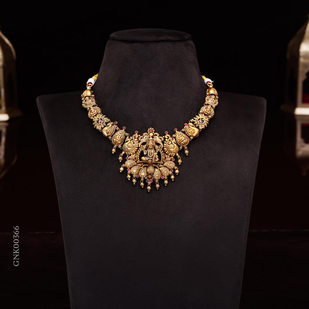22KT Antique Lakshmi Temple Necklace with Traditional Motifs