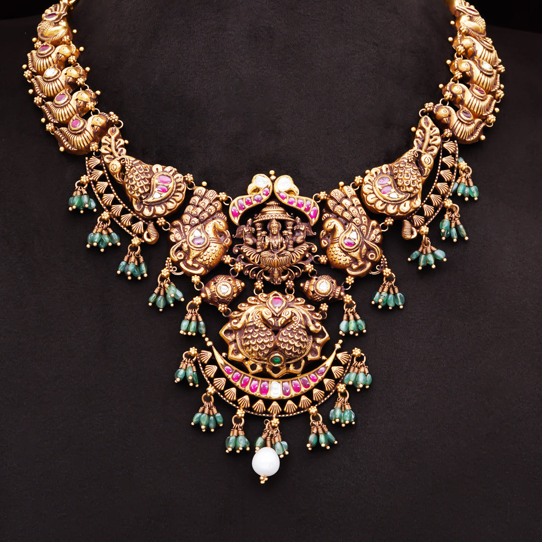 22KT Antique Lakshmi Peacock Temple Necklace with Ruby Accents