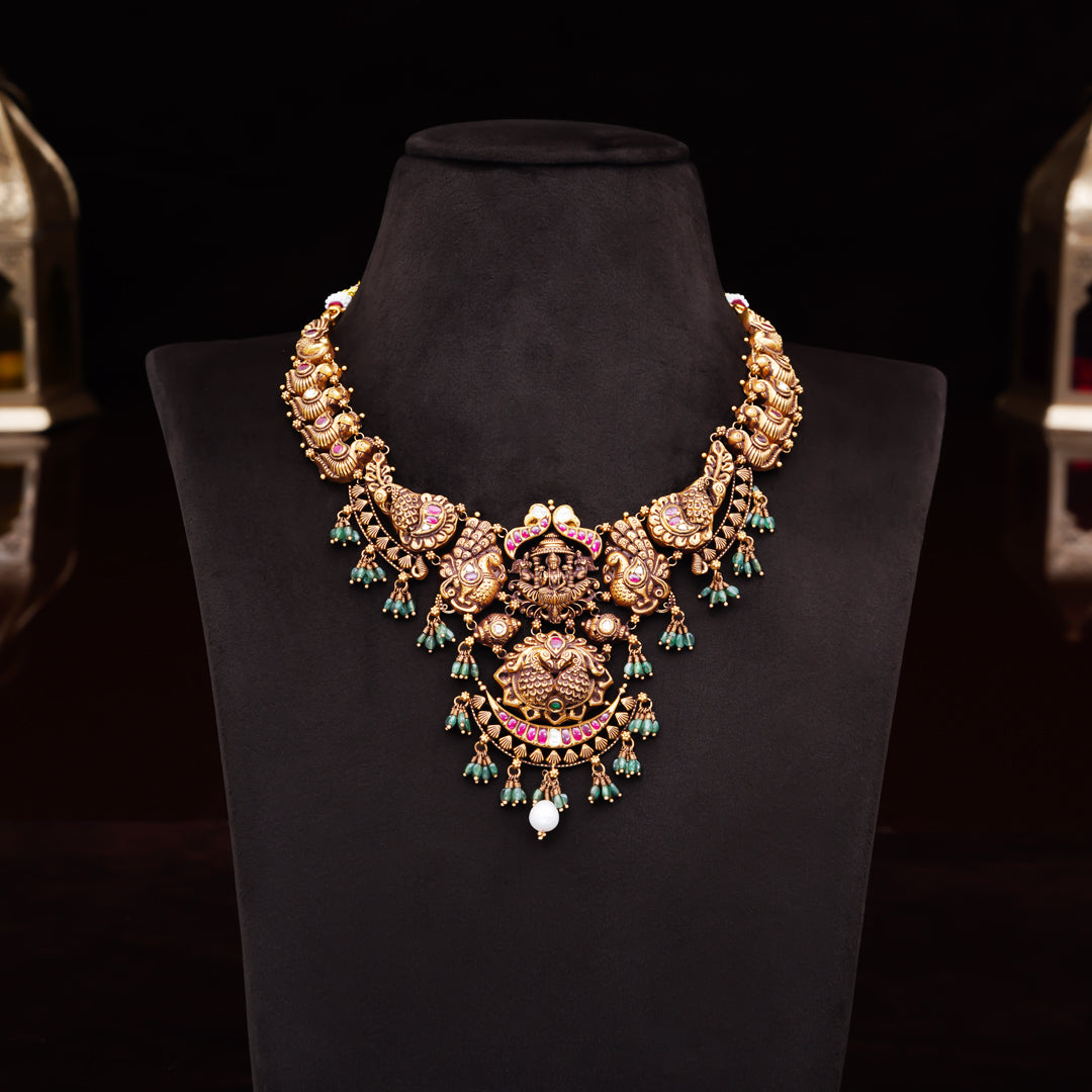 22KT Antique Lakshmi Peacock Temple Necklace with Ruby Accents