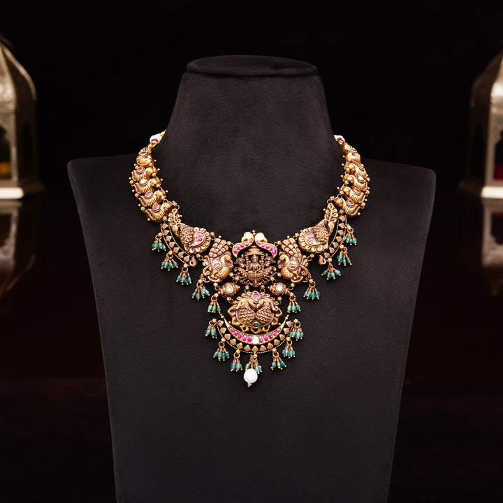 22KT Antique Lakshmi Peacock Temple Necklace with Ruby Accents