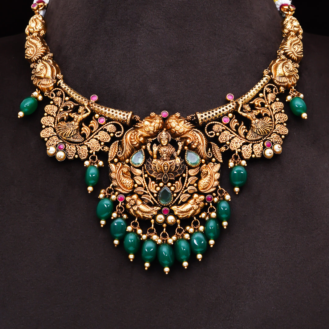 22KT Antique Lakshmi Temple Necklace with Green Beads